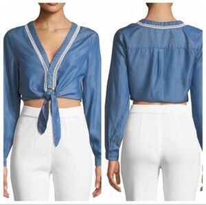 Lovers+Friends Denim Chambray Blue Tie-Front Crop Top Long Sleeve Size Small